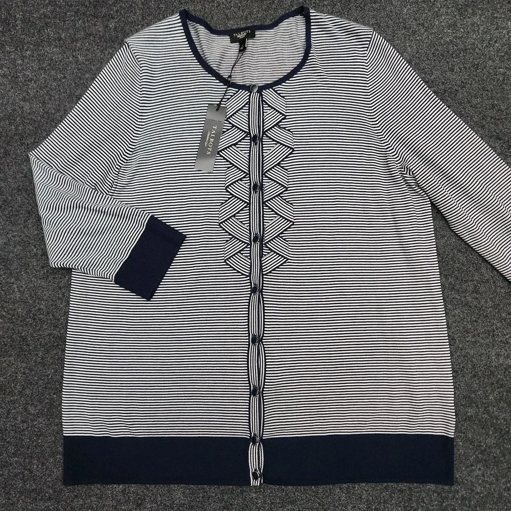 Talbots Womens X Navy White 3/4 Sleeve Button Up Cardigan Sweater Coastal Preppy